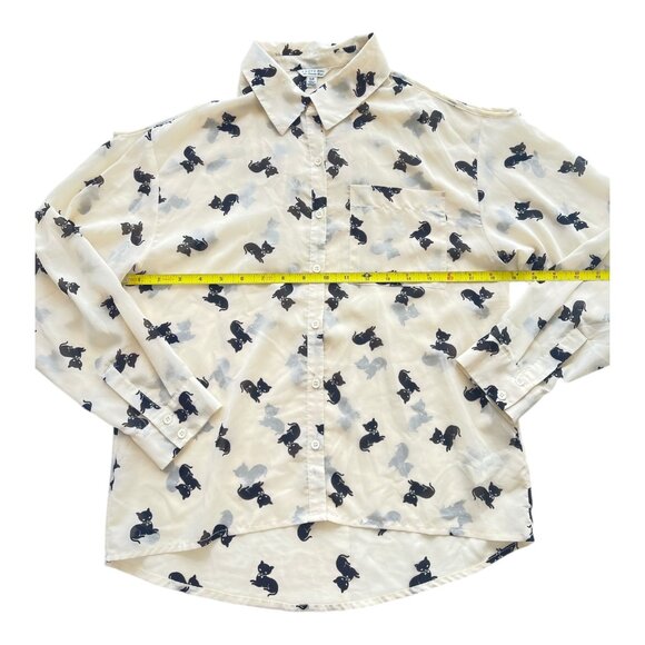 I love H81 Kitten Print blouse Women's Size S/P cream & black cat button down - Picture 6 of 10